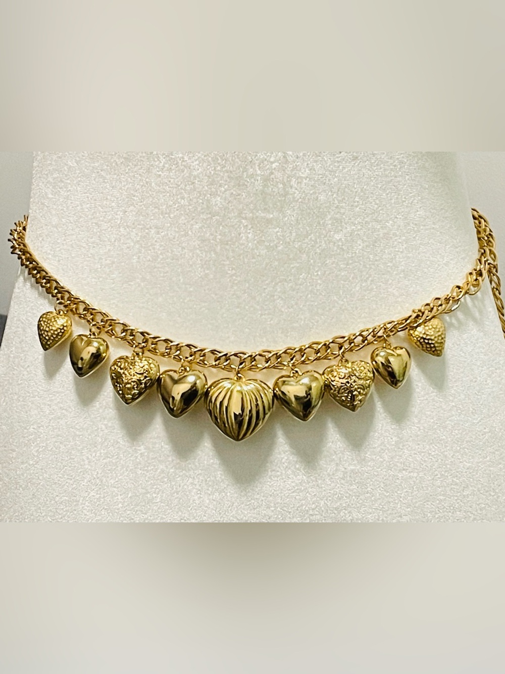 Vintage Gold Chain Belt Necklace Puffy Heart Charms Dangles 1980's